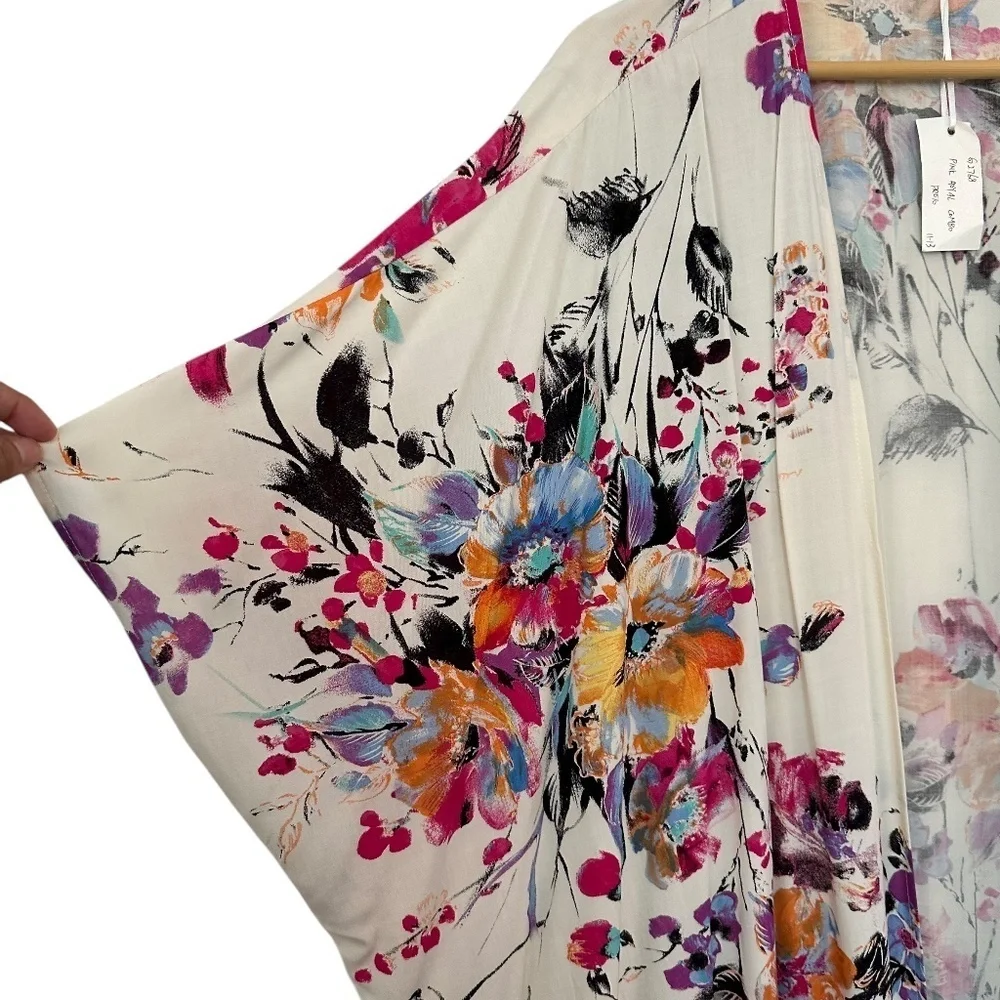 Umgee USA Floral Print Open Front Long Kimono Size L/XL Beach Vacation Boho